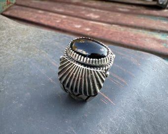 Navajo Delbert Gordon Sterling Silver Black Onyx Ring Approx Size 12, Heavy 20g & Compact