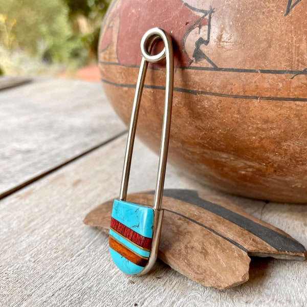 1980s Faux Turquoise and Wood Inlay Oversized Diaper Pin Key Chain or Brooch, Vintage Native America Indian Style Accessory, Safety Pin Gift