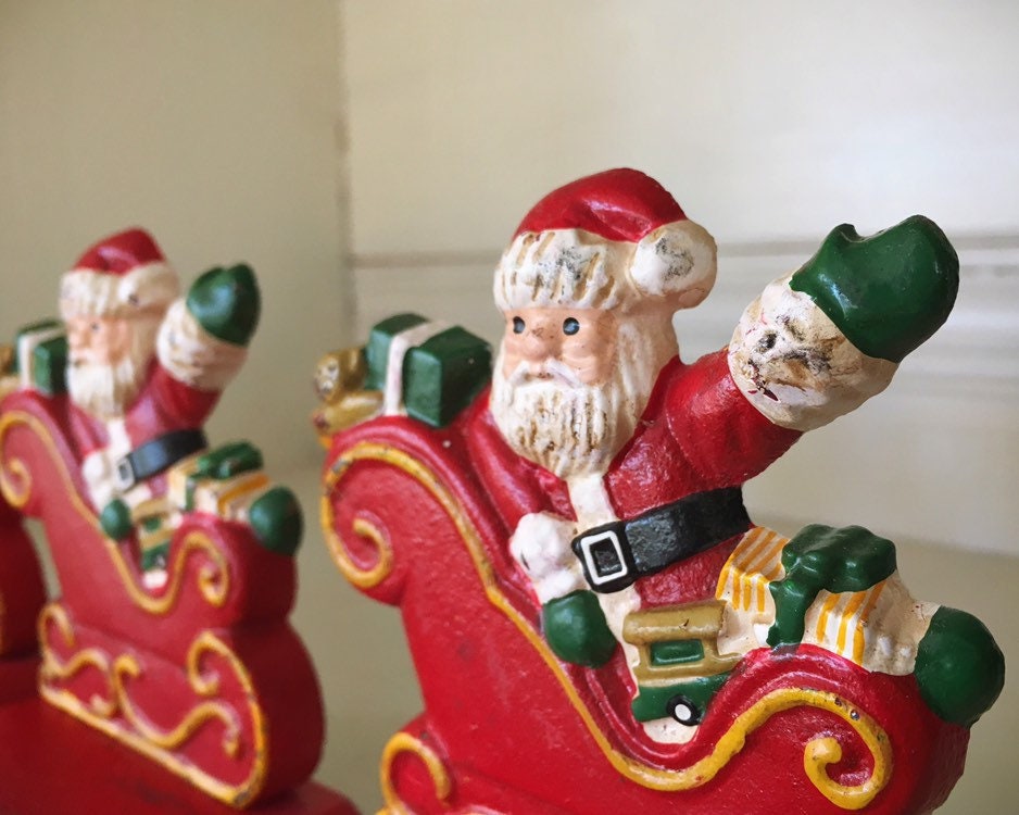 Three Small Cast Iron Santa Claus Christmas Stocking Holders for Mantle,  Vintage Christmas Decor
