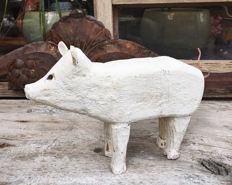 Painted Wood Folk Art Pig Statue with Metal Tail, Pig Gifts, Pig Decor