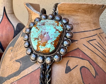 Big Matrixed Turquoise Bolo Tie with Ornate Sterling Silverwork, Navajo Necktie