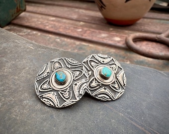 Vintage Sterling Silver Round Stud Earrnings Tiffany Cerrillos Turquoise, Doug Magnus Jewelry