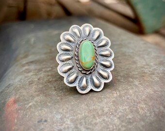 Navajo Robert Johnson Silver Repousse and Turquoise Ring Size 6.5, Native American Indian Jewelry Southwestern, Girlfriend Gift Rodeo Style