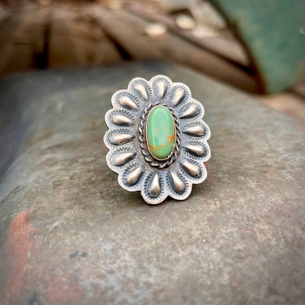 Navajo Robert Johnson Silver Repousse and Turquoise Ring Size 6.5, Native American Indian Jewelry Southwestern, Girlfriend Gift Rodeo Style