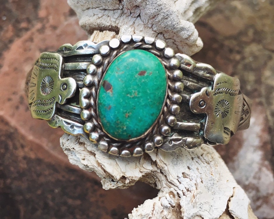 Fred Harvey Era Sterling Silver Thunderbird Turquoise Cuff