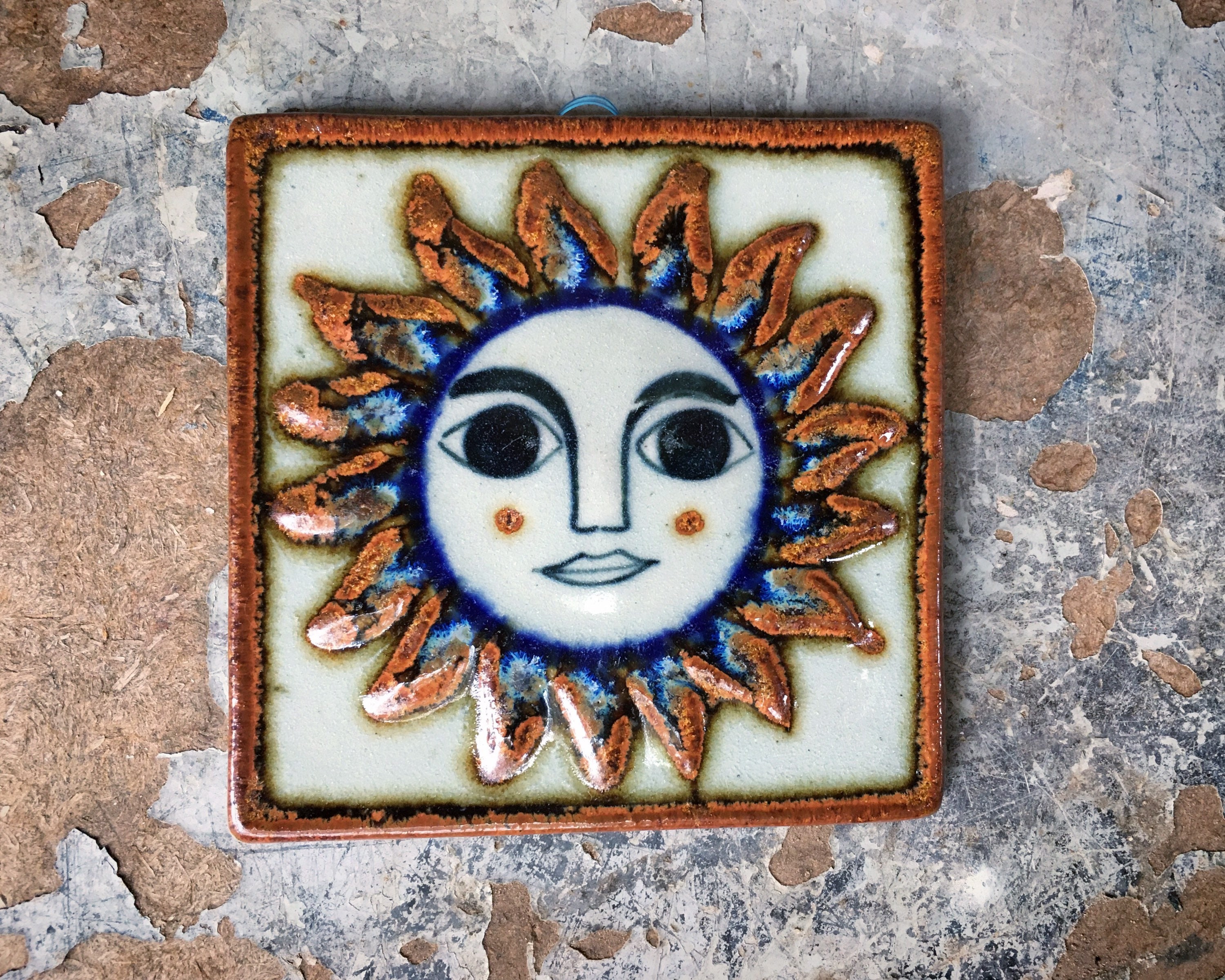 Small 4x4 Vintage Mexican Ceramic Tile Wall Hanging of Sun Face, Rustic