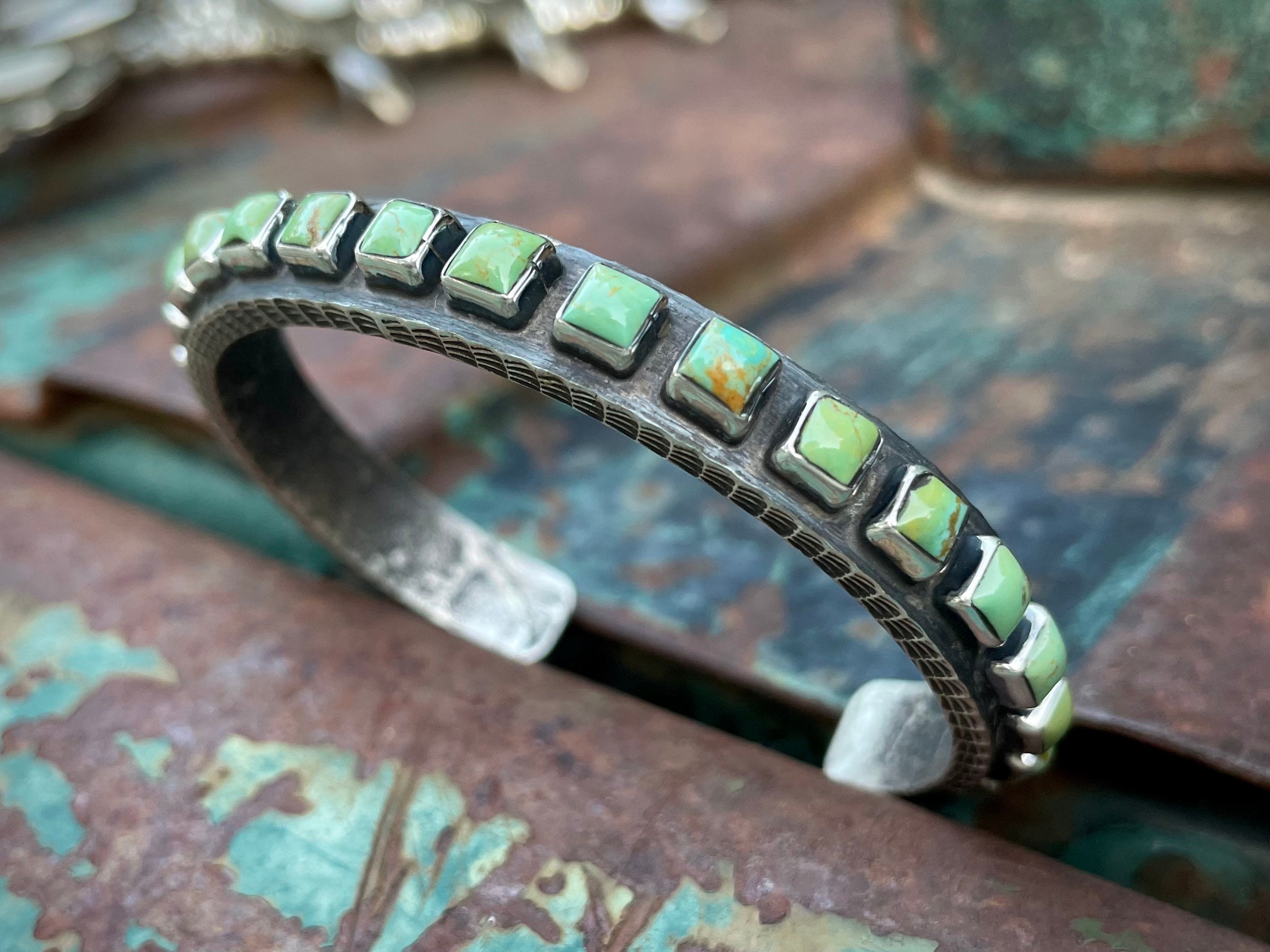 Thick Heavy Vintage Native American Navajo Squared Green Turquoise Sterling Silver Bracelet Thick Heavy Vintage Native American Navajo Squared Green Turquoise Sterling Silver Bracelet