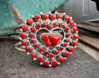 Navajo Elgin Hoskey Coral Cluster Bracelet Size 6.5, Double Hearts, Native American Jewelry