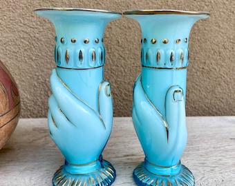 Pair of Antique Mold Blown Czechoslovakia Art Glass Hand Vases Circa 1918-1938, Milky Blue