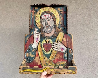 Vintage Wood Nicho Jesus Christ Sacred Heart Carved Painted, Approx 15x20, Original Religious Art