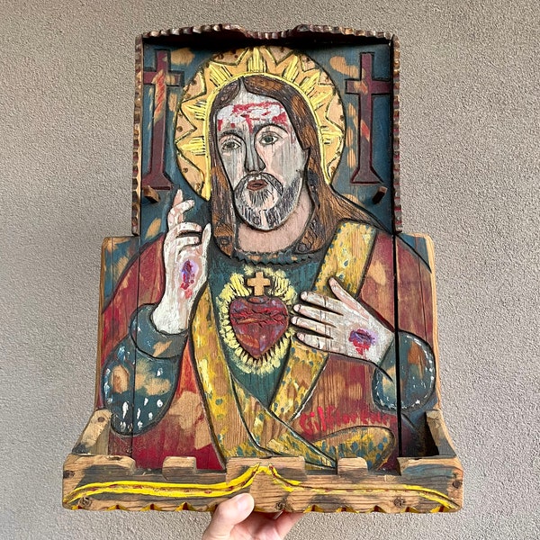 Vintage Wood Nicho Jesus Christ Sacred Heart Carved Painted, Approx 15x20, Original Religious Folk Art, Mexican Hispanic Catholic Home Altar