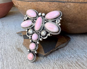 Navajo Tyler Brown Queen Pink Conch Dragonfly Ring Approx Size 8 ADJ, Sterling Silver