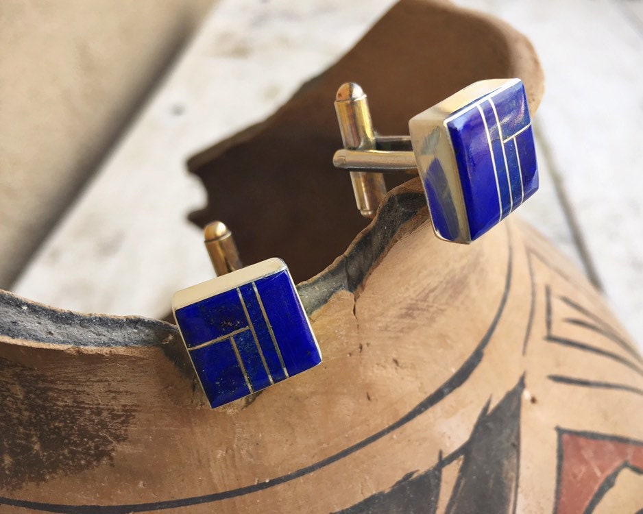 Lapis Cufflinks for Men Signed Navajo Native American Indian