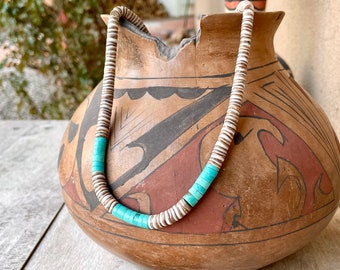 1970s Southwestern Choker Necklace Turquoise and Shell Heishi, Vintage Native American Jewelry