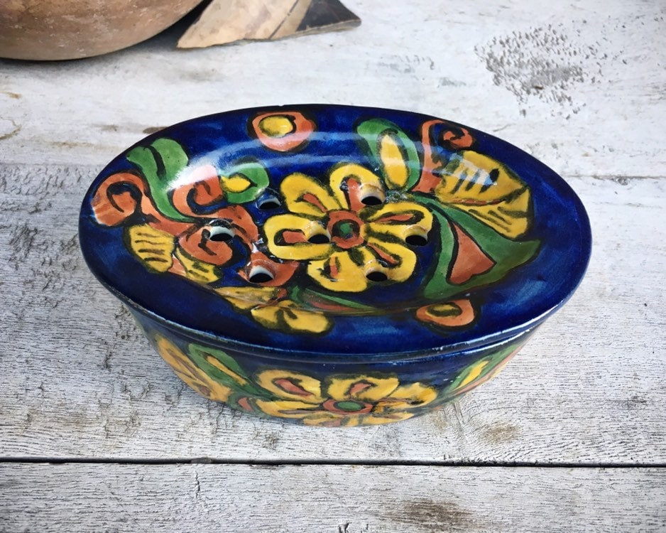 HandPainted Talavera Pottery Soap Dish Dark Blue Yellow Floral Pattern, Rustic Southwestern