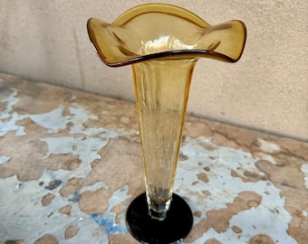 Vintage Hand Blown Two-Tone Art Glass Trumpet Vase 11.5" Tall, Mexican Modern Rustic Home Decor, Shelf Display Table Accent, Gift for Mom