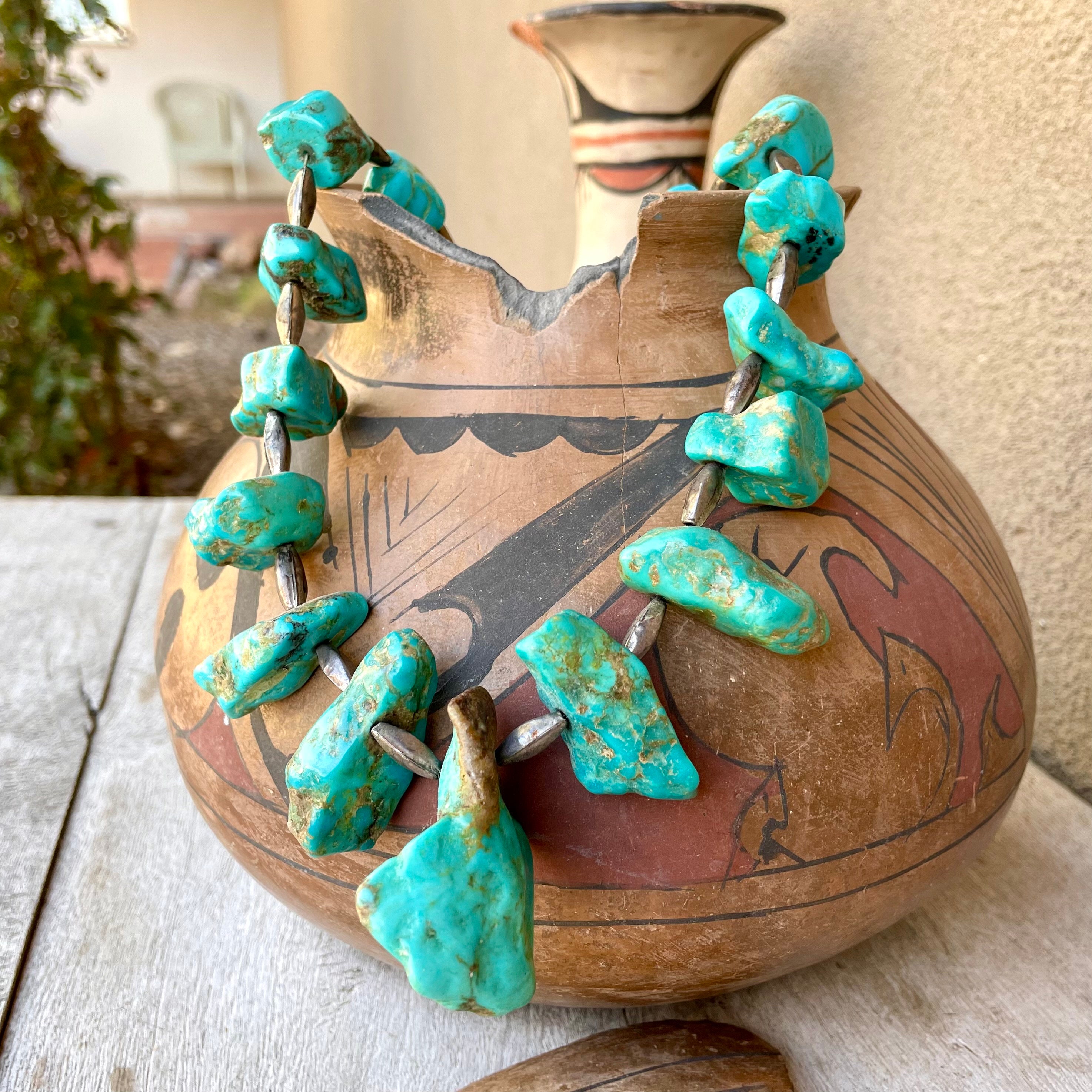 Tremendous Vintage Navajo Turquoise Nugget Native American Necklace Old Tremendous Vintage Navajo Turquoise Nugget Native American Necklace Old