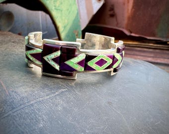 Sugilite Carico Lake Turquoise Inlay Cuff Bracelet Size 6.25, Navajo Ryan Sanchez, Dark Purple