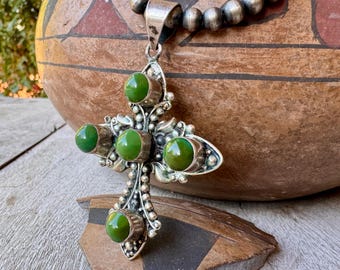 Vintage Sterling Silver Green Stone Cross Pendant Optional Navajo Pearls Chain Approx 21"