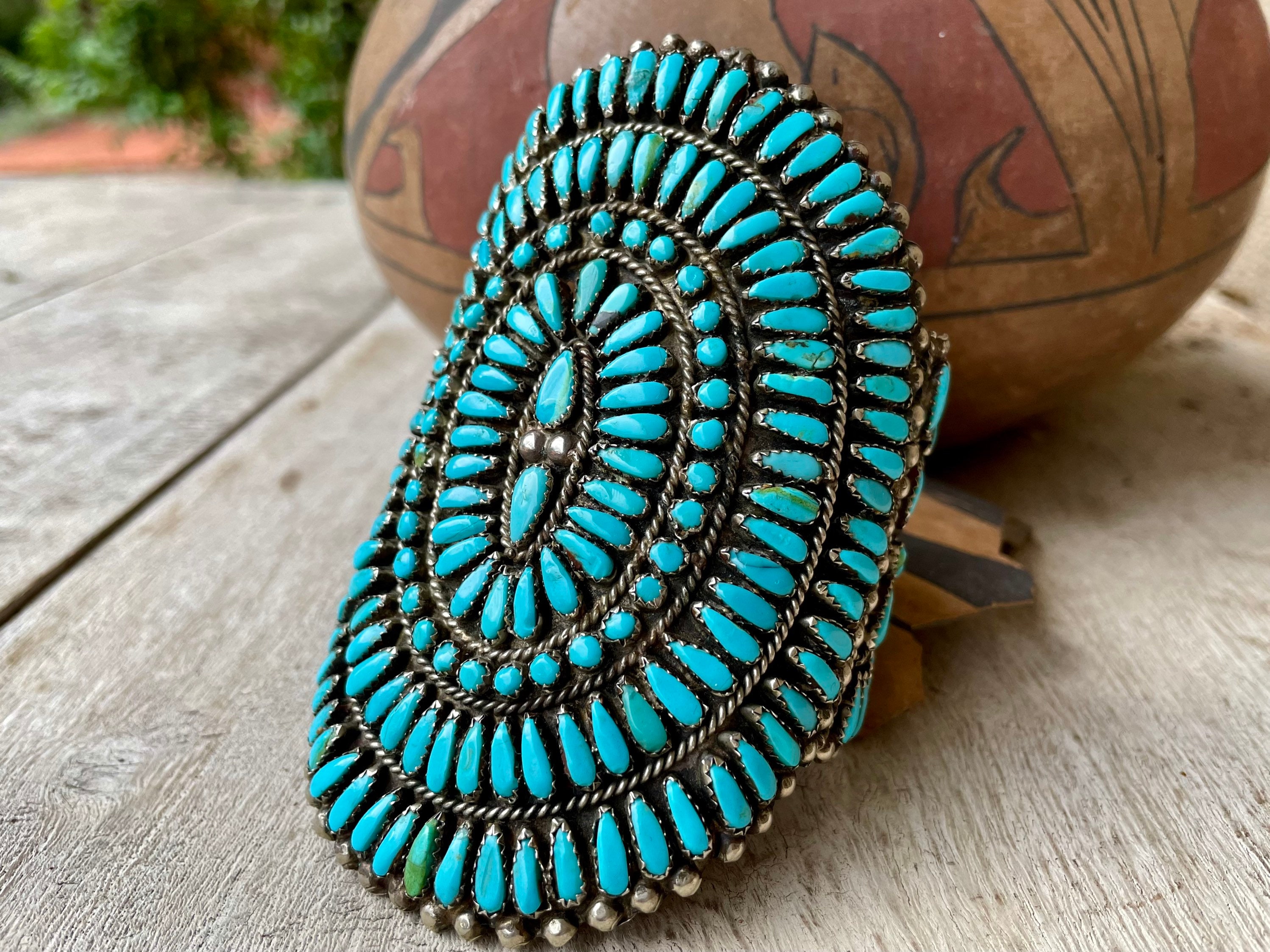 Heavy Big Vintage Native American Zuni Turquoise Sterling Silver Ketoh Bracelet Heavy Big Vintage Native American Zuni Turquoise Sterling Silver Ketoh Bracelet