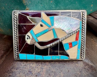 Zuni Helen & Lincoln Zunie Horse Belt Buckle Multi-Stone Inlay, Vintage Native American