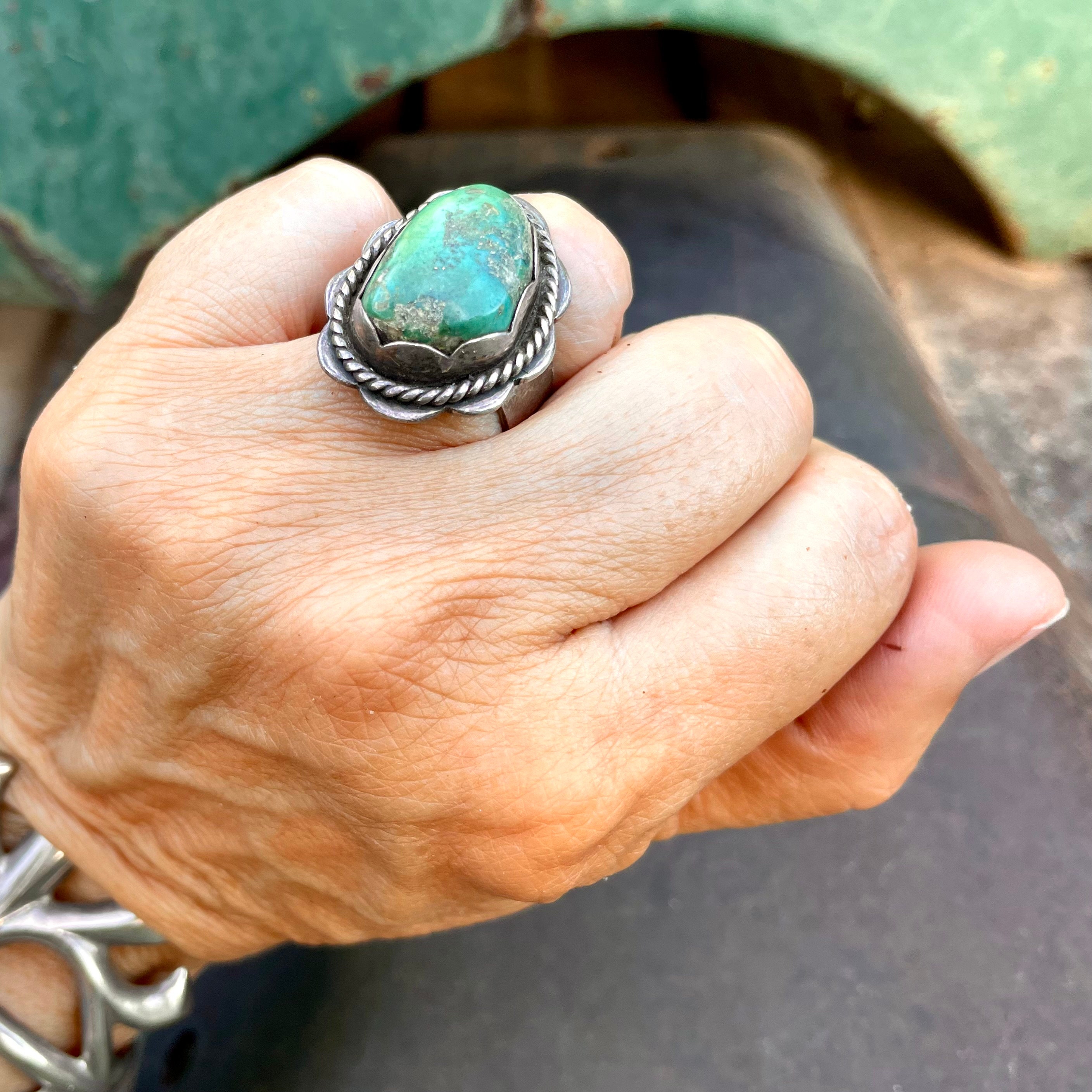 Signed Vintage Native American Navajo Domed Green Turquoise Sterling Silver Bracelet Signed Vintage Native American Navajo Domed Green Turquoise Sterling Silver Bracelet
