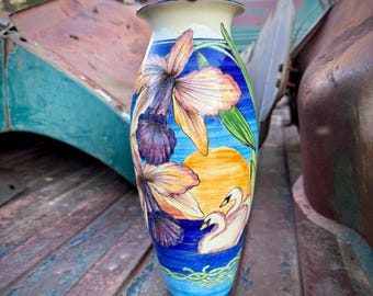 1984 Art Studio Pottery Vase Iris Design, Carol O-Brian & James Hardman Signed Limited Ed.