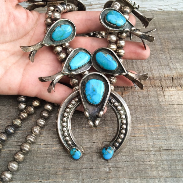 Vintage 236gm Bisbee Blue turquoise and silver Southwestern Old Pawn Native American squash blossom necklace, blue turquoise squashblossom