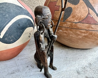 Vintage Miniature Bronze Figurine Sitting Person with Earrings Walking Stick, Small 4.25" Tall, Similar to Dogan or Ashanti, Bookshelf Decor