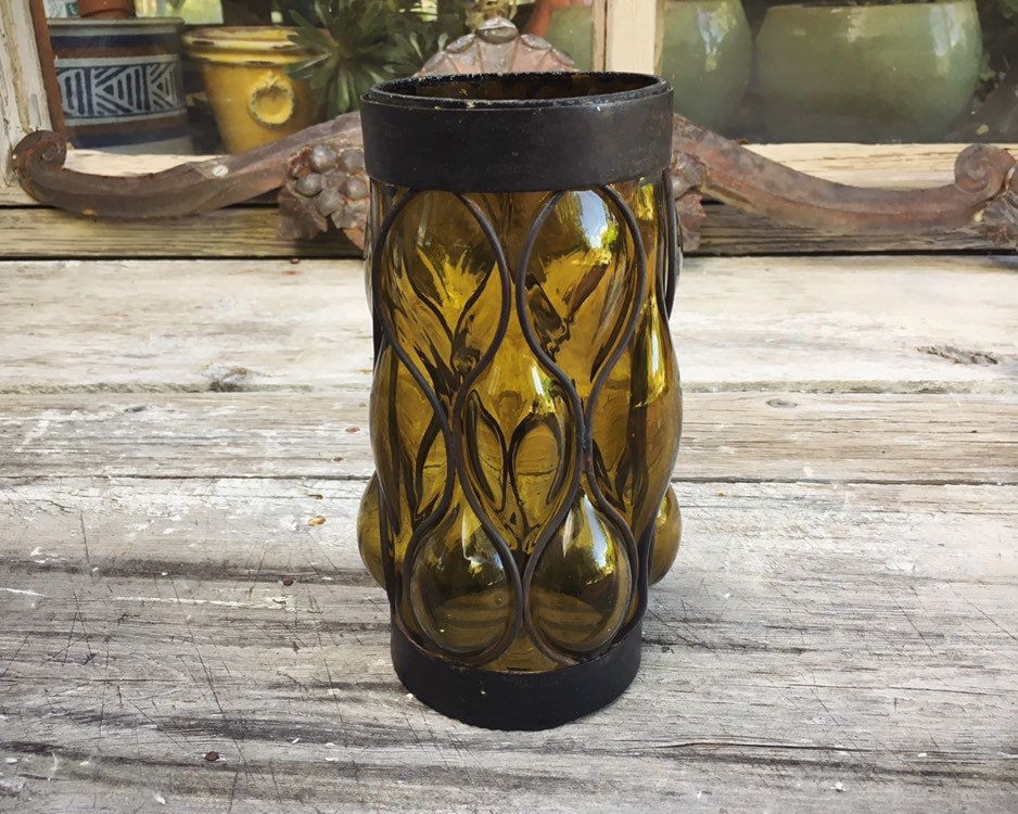 Vintage Mexican Caged Glass Sconce Hand Blown Amber Glass Iron Lantern