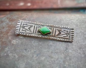 Small Early Navajo Stamped Silver Bar Pin with Green Cerrillos Turquoise, Antique Brooch