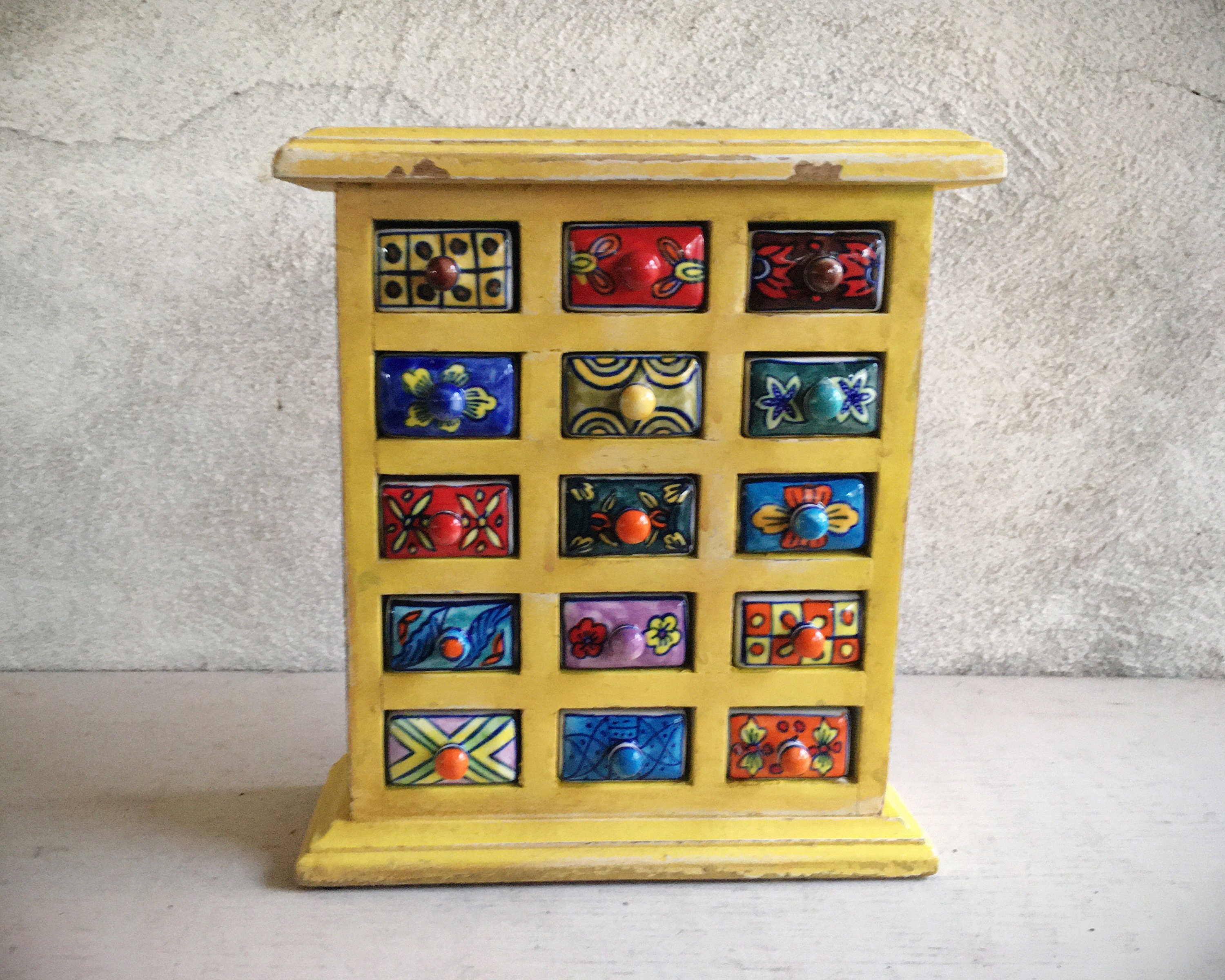 Yellow Painted Wood Box with Ceramic Mini Drawers, Jewelry Storage