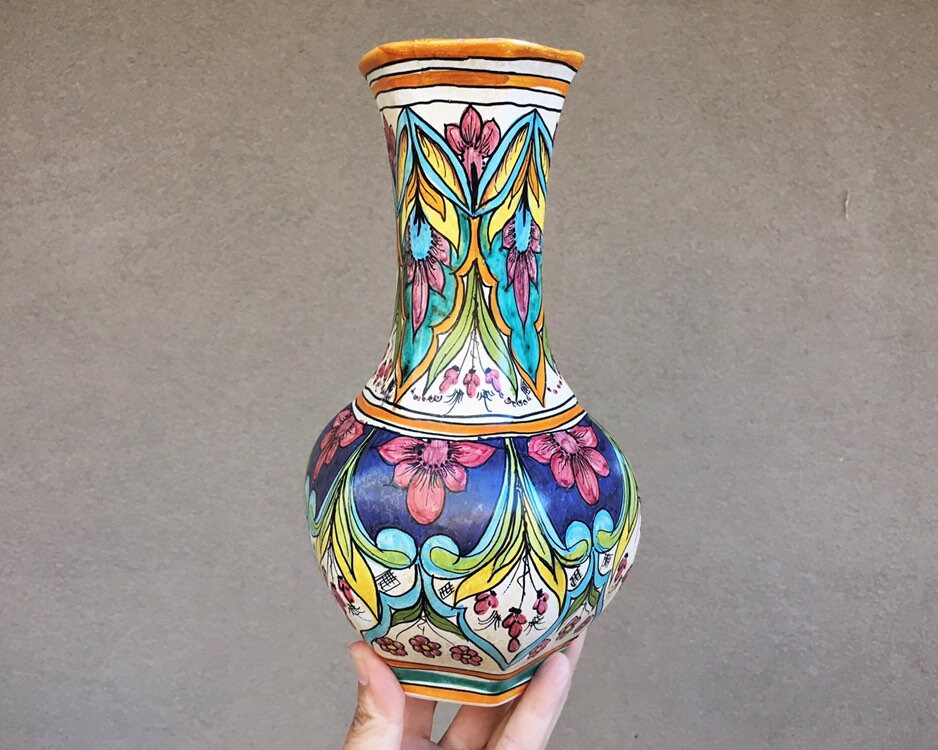 Vintage Italian Pottery Vase Ceramics Ericina, Hand Painted Majolica
