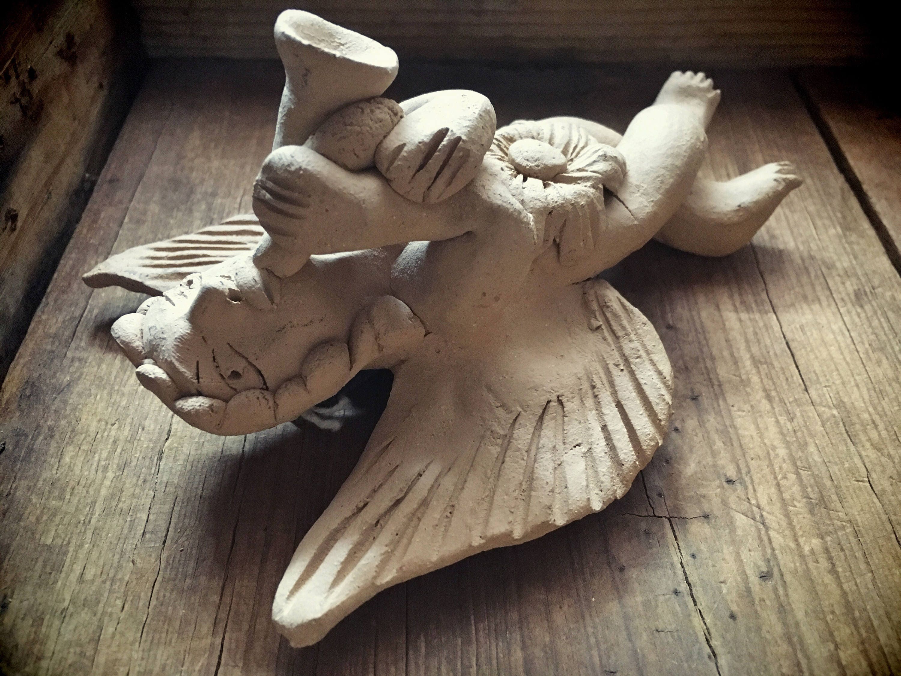 Vintage Mexican pottery angel wall hanging, folk art angel, primitive decor, Mexican art