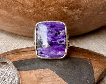 Tuareg Stamped Silver Purple Charoite Ring Approx Size 9.5, Rectangle Signet Style