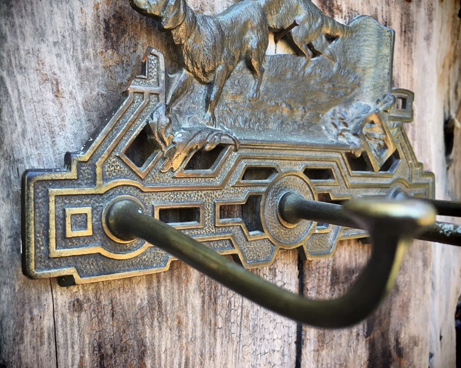Arts and Crafts Era Brass Hall Tree Hook with Hunting Dog Decor, Architectural Salvage