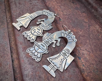 Vintage Stamped Sterling Silver Rainbowman Dangle Earrings 1.5" by 2", Native American Jewelry