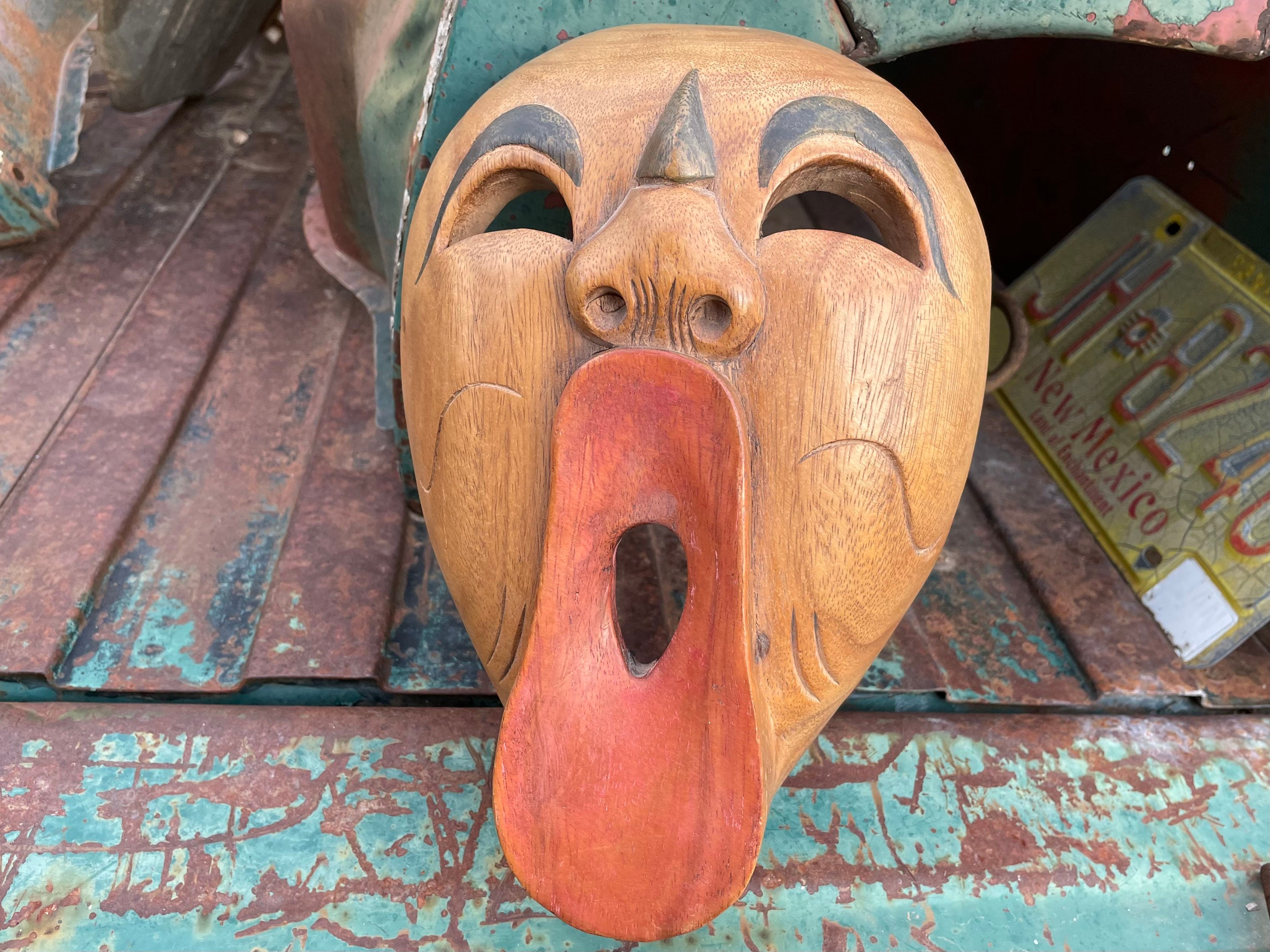 Vintage Hand Carved Painted Southeast Asian Wood Mask Screaming Face