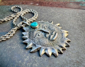 Vintage Turquoise Sterling Silver Blazing Sun Face Heavy Pendant Necklace w/ Rope Chain Approx 20"