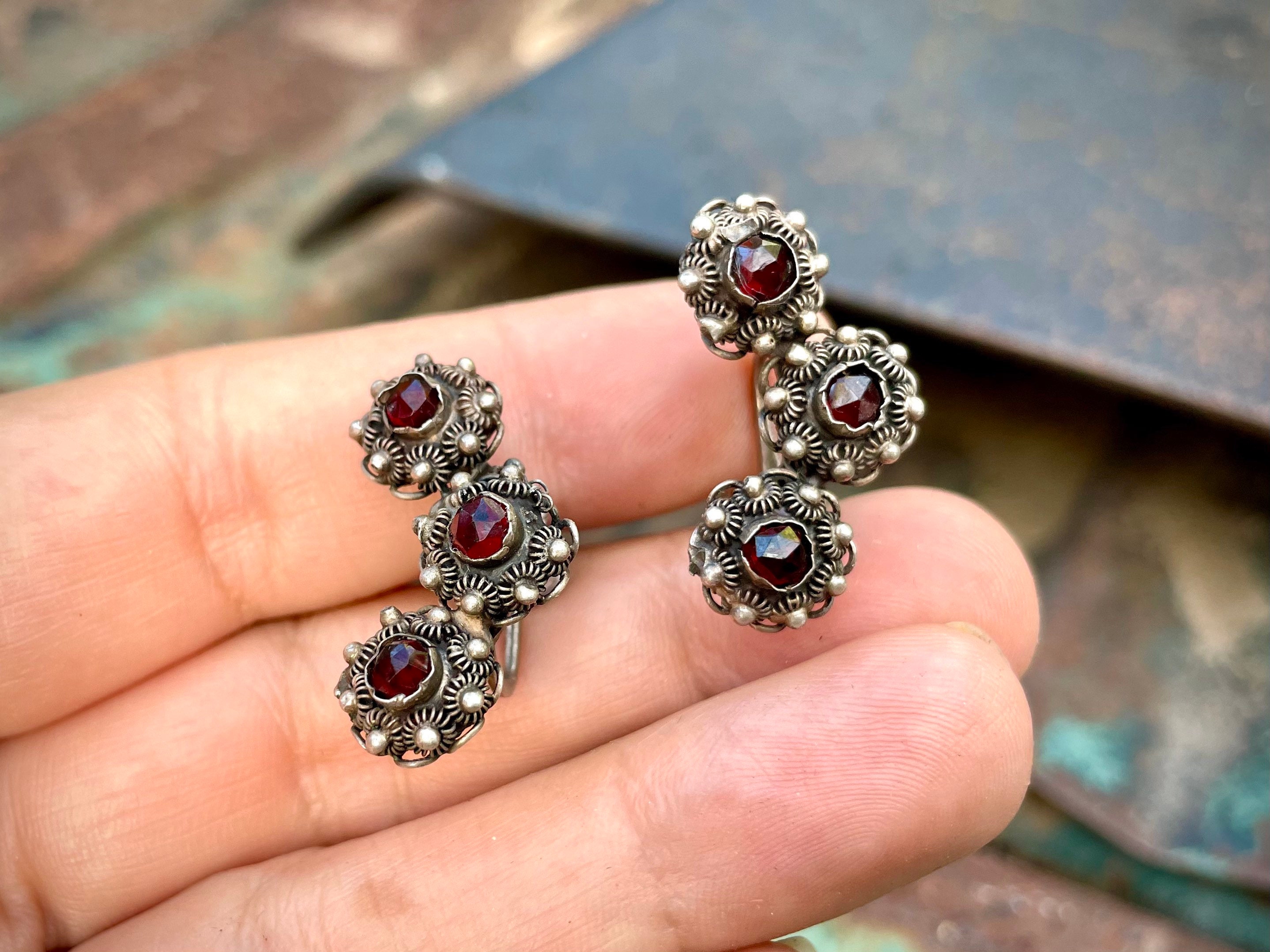 Vintage Screw Back Earrings Sterling Silver and Garnet Etruscan