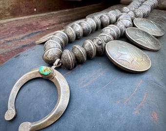 Old U.S. Coin Squash Blossom Necklace of 1920s Liberty Dollars 1930s Mercury Dimes 419g