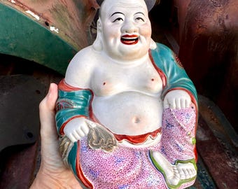 Vintage Bisque Porcelain Famille Rose Happy Buddha Statue 8" Tall, Zen Altar, Spiritual Gift