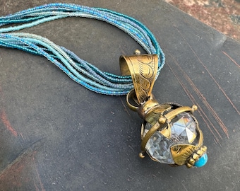 Tibetan Glass and Brass Round Pendant on Seed Bead Necklace Approx 38", Bohemian Jewelry