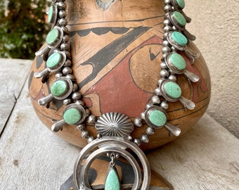 167g Green Turquoise Squash Blossom Necklace Circa 1980s, Vintage Native American Jewelry Navajo