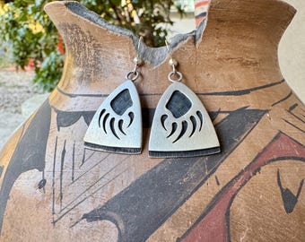 Vintage Hopi Bear Paw Earrings by Billy Ray Hawee, 1990s Sterling Silver Overlay Jewelry