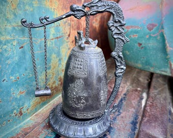 Vintage Korean Bronze Metal Bell on Dragon Stand, King Songdok the Great, Bohemian Decor