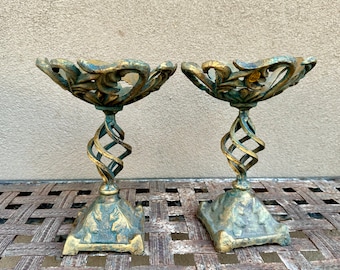 Pair of Vintage Metal Compote Dishes on Stands, Cottage Garden Decoration, Rustic French Decor