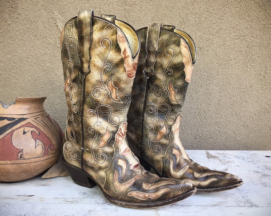 Vintage Cowboy Boots Women's Size 7.5B Tan Leather Cutout