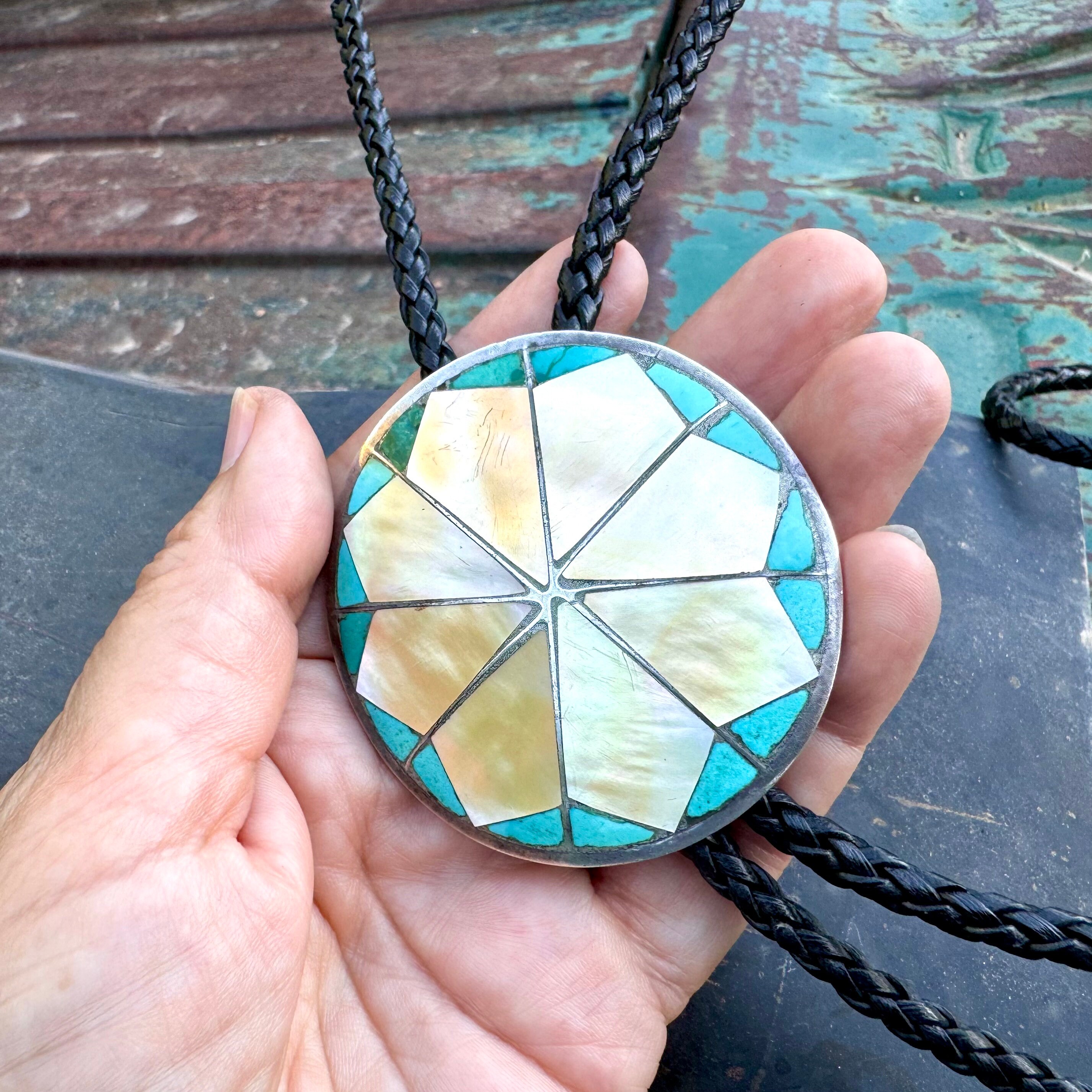 Striking Vintage Zuni Native American Turquoise Inlay Sterling Silver Bolo Tie Striking Vintage Zuni Native American Turquoise Inlay Sterling Silver Bolo Tie