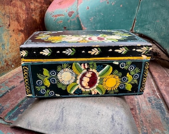 Distressed Olinala Wood Box Approx 7.5" Wide, Lacquer Folk Art Mexican